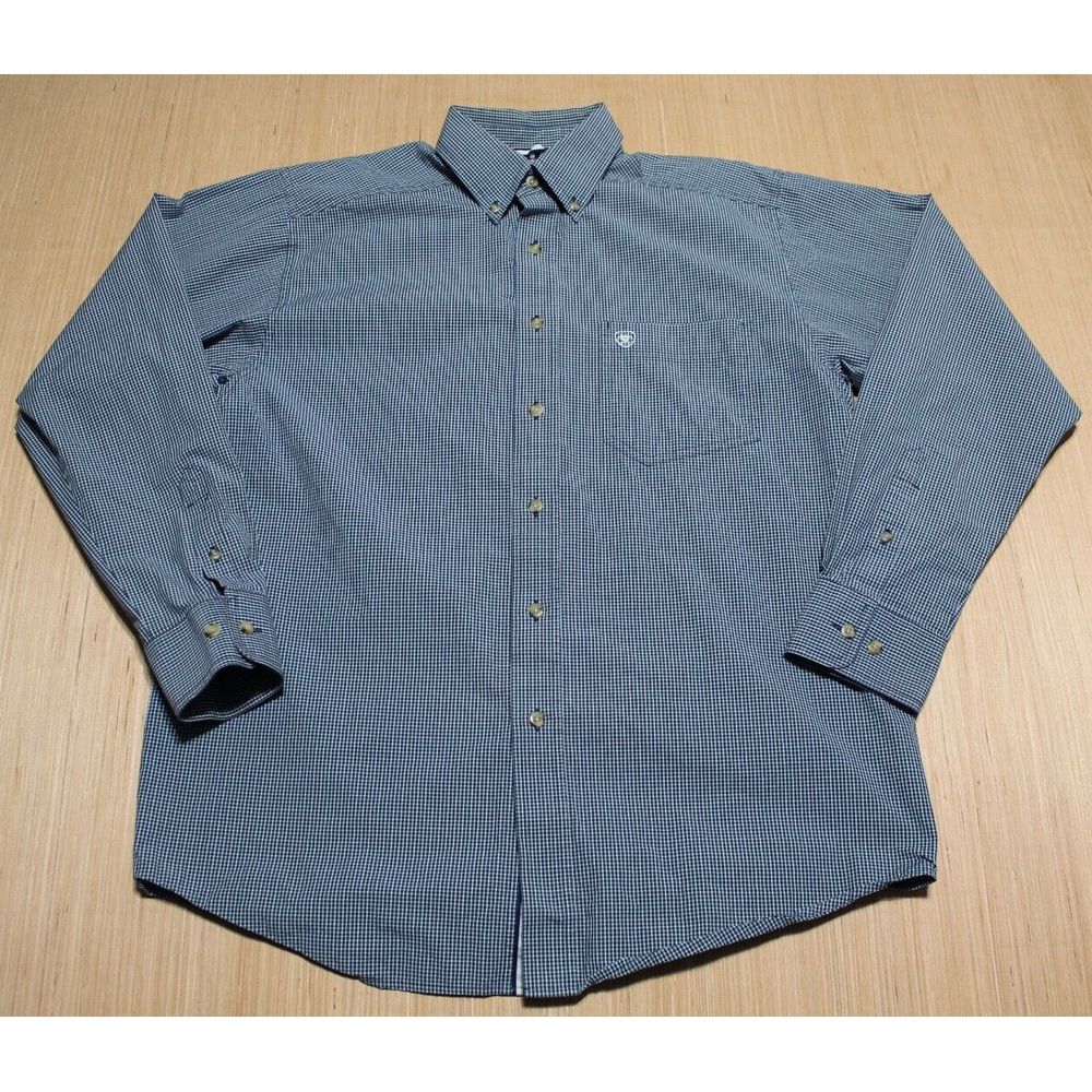 Ariat Pro Series Button Down Shirt Mens M Navy Blue Pink Plaid Cotton Poly Blend